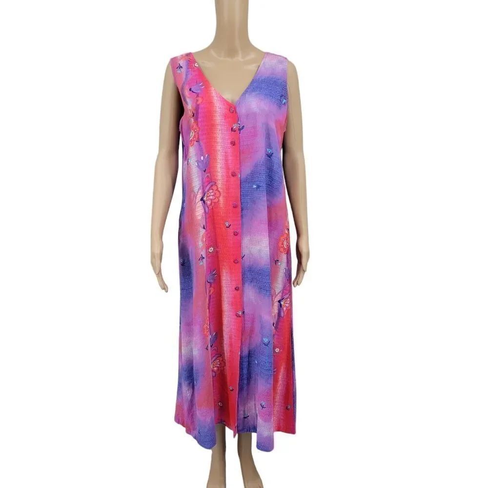 Jams World Vintage Hawaiian Tropical Maxi Dress Sleeveless Pink Purple Blue